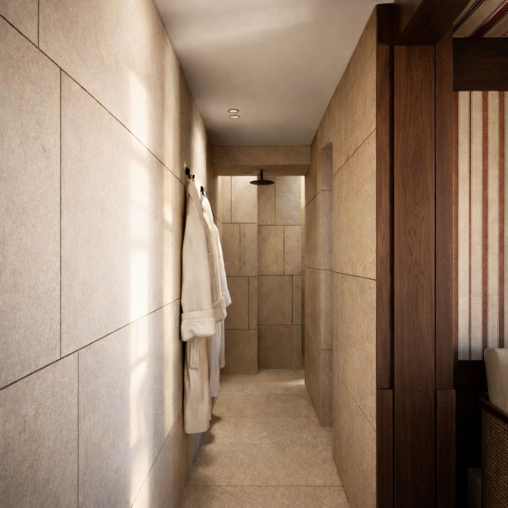 Corridor with robes leading to the changing facilities
