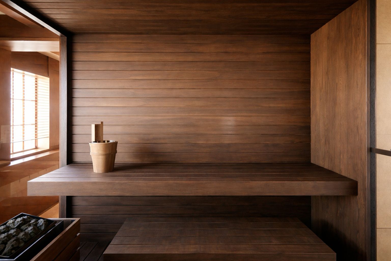 Sauna bucket and ladle on the bench of the sauna