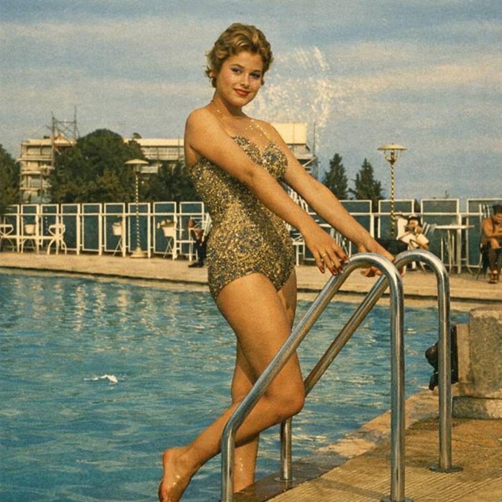 A swimmer at the edge of a pool, in the style of a mid-century photograph